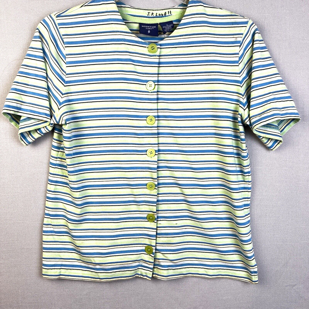 Mountain Lake Knit Top Women's Small Blue Stripe Button Front Casual Office